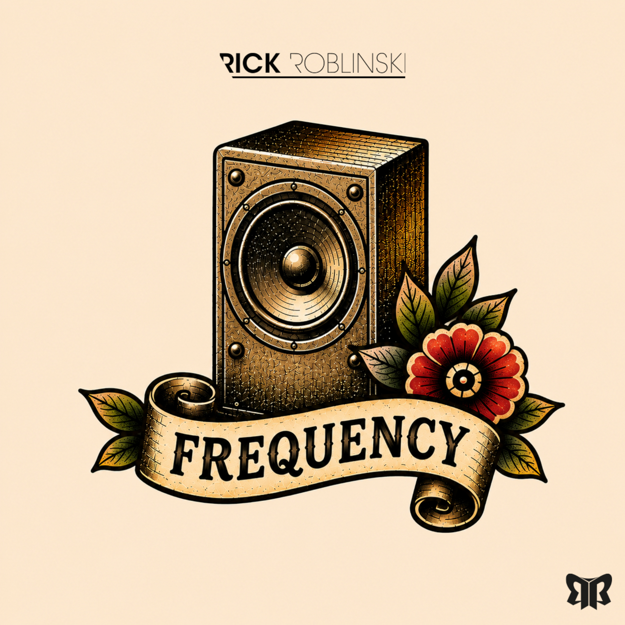 Vintage tattoo-style artwork for Frequency, showing a glowing speaker with a flower.
