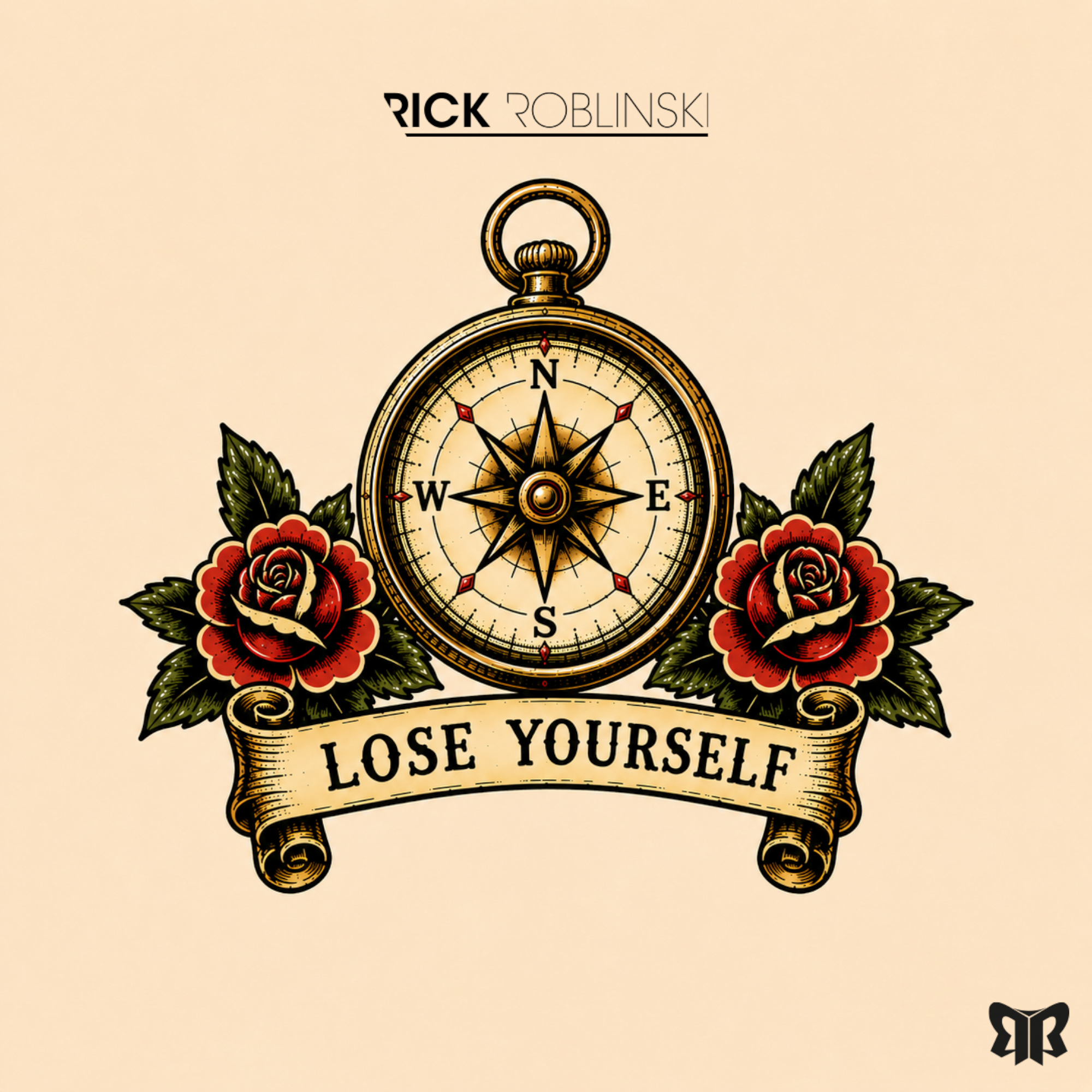 Vintage tattoo-style artwork for Lose Yourself, showing a compass surrounded by roses.